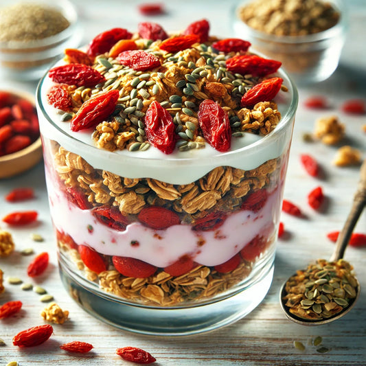 granola parfait met goji en hennepzaad.
